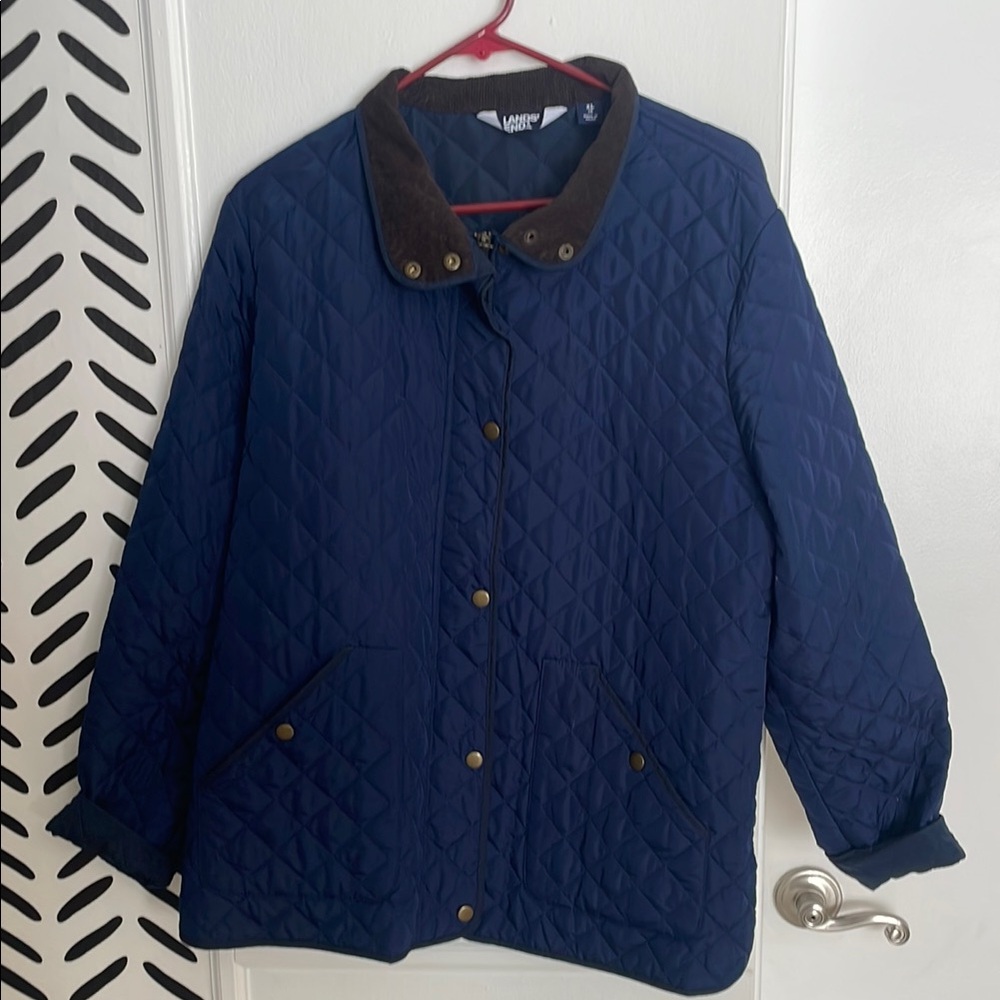 Lands' End Women's Navy Quilted Jacket with Dark Brown Collar